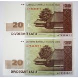 Latvia 20 Latu (2) dated 2009, a consecutively numbered pair of REPLACEMENT notes with 'Z' suffix,