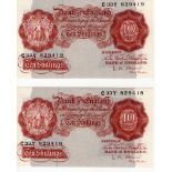 O'Brien 10 Shillings (2) issued 1955, a consecutively numbered pair, serial C33Y 829418 & C33Y