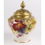 Royal Worcester hand painted Potpourri vase with lid, painted by K. Blake, makers marks to base, lid