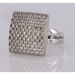 18ct white gold pave diamond set square head ring, total diamond weight approx 1.0ct, finger size O,