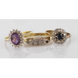 Three 18ct yellow gold rings to include a sapphire cluster, an amethyst cluster and a diamond