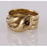 9ct yellow gold snake ring set with a garnet, finger size L, weight 7.4g