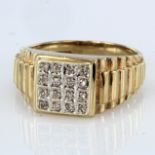 9ct yellow gold square head diamond set signet style ring, finger size U, weight 7.6g