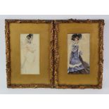 Two pencil & watercolour illustrations, depicting two smartly dressed Edwardian women, both mounted,