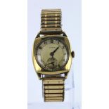Gents 9ct gold cased Cyma wristwatch circa 1940, engraved on the back. On an expandable strap, watch