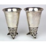 Pair of heavy white metal fox head stirrup cups. Stamped Italy, approx 13cm in height