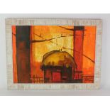 Contemporary acrylic on canvas depicting mud hut in a red and orange colour pallette . Signed and