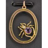 Yellow metal (tests as 9ct gold) amethyst oval cultured pearl set spider pendant. Approx 1.5g