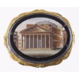 19th century micro-mosaic oval shaped brooch depicting The Parthenon in a yellow metal mount