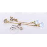9ct yellow gold long drop blue topaz earrings, weight 5.4g. 9ct white gold yellow sapphire drop