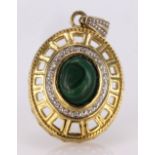 9ct yellow gold oval pendant set with central malachite surrounded by diamond accents, weight 3.7g