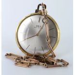 Mid-size gold plated pocket watch by Oris. The silvered 38mm dial with gilt baton markers. On a