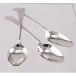 Three Georgian silver dessert spoons, comprising two Oar end spoons, one John Daly, Dublin, 1795;