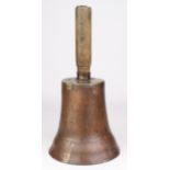 Large copper handheld bell with wooden handle, circa early 20th Century, height 32cm approx.