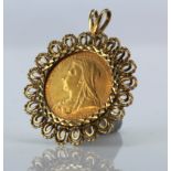 Sovereign 1893 in an ornate 9ct pendant mount. Total weight 13.1g