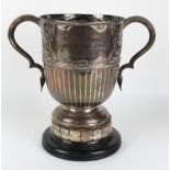 Large silver twin handled trophy, hallmarked 'Sheffield 1908' (makers stamp rubbed), ornate embossed