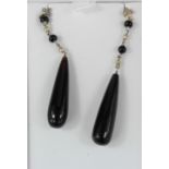 18ct black onyx and seed pearl and diamond long drop earrings, weight 7.7g