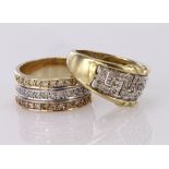 Two wide band rings to include a 9ct three colour three row diamond set ring, finger size M,