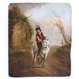 Victorian painting depicting a European Travelling Gentleman on horseback. Oil on Board. Evidence of
