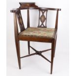 Corner chair with inlaid decoration, circa late 19th to early 20th Century, seat upholstered with