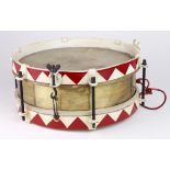Brass bodied drum, circa mid 20th Century, possibly Hitler Youth (no marking), with red & white