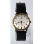 Omega Gents 9ct Gold cased wristwatch, on a leather strap, case diameter 34mm approx. (working at