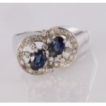 18ct white gold sapphire and diamond double offset cluster dress dring, finger size V, weight 8.1g