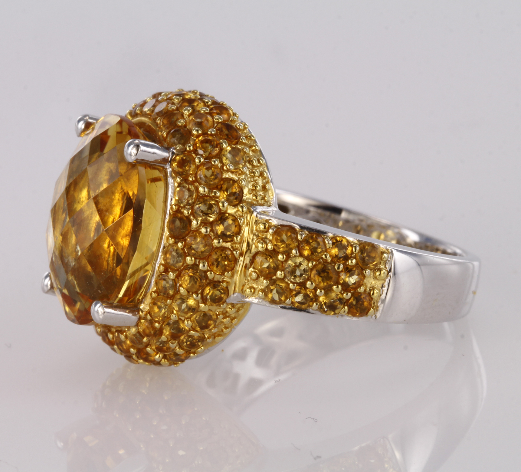 18ct white gold dress ring set with central oval chequerboard cut citrine, surrounded by pave set - Image 2 of 2