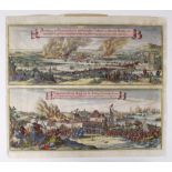 Merian (Matthaus). Hand-coloured double prospect of the Dutch raid on River Medway, circa 17th