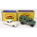 Matchbox Series Moko Lesney, no. 32 (Jaguar XK140, white) & no. 68 (Army Wireless Truck, green),