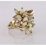 9ct yellow gold marquise opal and diamond spray ring, finger size L, weight 2.4g