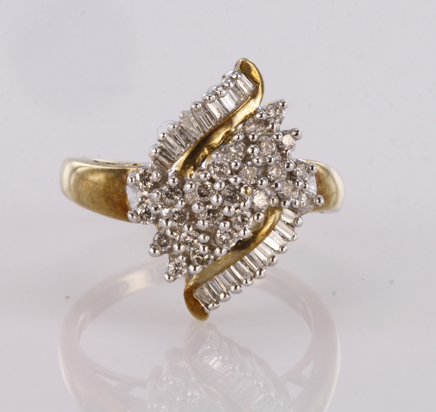 9ct yellow gold fancy diamond cluster ring set with round and baguette cut diamonds, approx. diamond