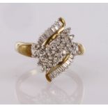 9ct yellow gold fancy diamond cluster ring set with round and baguette cut diamonds, approx. diamond