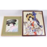 Oriental large print glazed & framed & embossed plaster hand painted, Lessieu mount wood frame. (2)