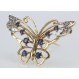 9ct yellow gold butterfly brooch set with sapphires and diamonds with foldover safety clasp,