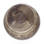 Silver sugar bowl with inset 1893 Queen Victorian florin, shows cherubs round the side, engraved