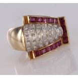 18ct rose gold Art Deco ruby and diamond dress ring, with princess cut rubies bordering pave set