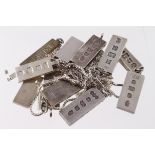 Assortment of hallmarked Silver ingots along with silver / white metal chains. Total weight 337.7g