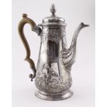 George II silver coffee pot, hallmarked London 1743 by John Kincaid, chased foliate scroll
