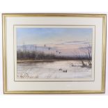 S. J. Clarke (19th Century). A large watercolour depicting ducks on a lake at dawn, signed by the