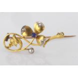 Yellow Metal (tests 18ct) Sapphire/Diamond/Pearl Bar Brooch weight 3.2g