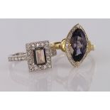 Silver mystic topaz cluster ring, finger size L, weight 3.2g. 9ct yellow gold iolite and diamond