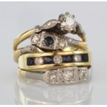 Four 18ct gold dress rings, all with diamonds. Total weight 12g