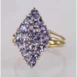 9ct yellow gold diamond shaped tanzanite cluster dress ring, finger size K, weight 3.0g