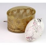 Russian hand decorated birds egg, depicting a lady in a flowing pink dress, inscribed on egg '
