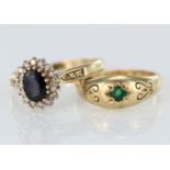 Two 9ct yellow gold rings to include a sapphire and diamond cluster ring, finger size R, weight 3.