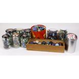 Marbles, a very large collection contained within 8 jars, 2 boxes & 2 tins, all sizes from 1cm up to