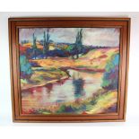 Oil on Board by E Francis. Impressionist style landscape of river scene. Signed and dated bottom
