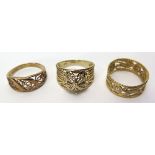 Three yellow gold filigree rings to include two 9ct rings and one 18ct ring, weight 6.6g