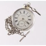 Gents silver cased open face pocket watch, hallmarked Birmingham 1892. The white dial with Roman